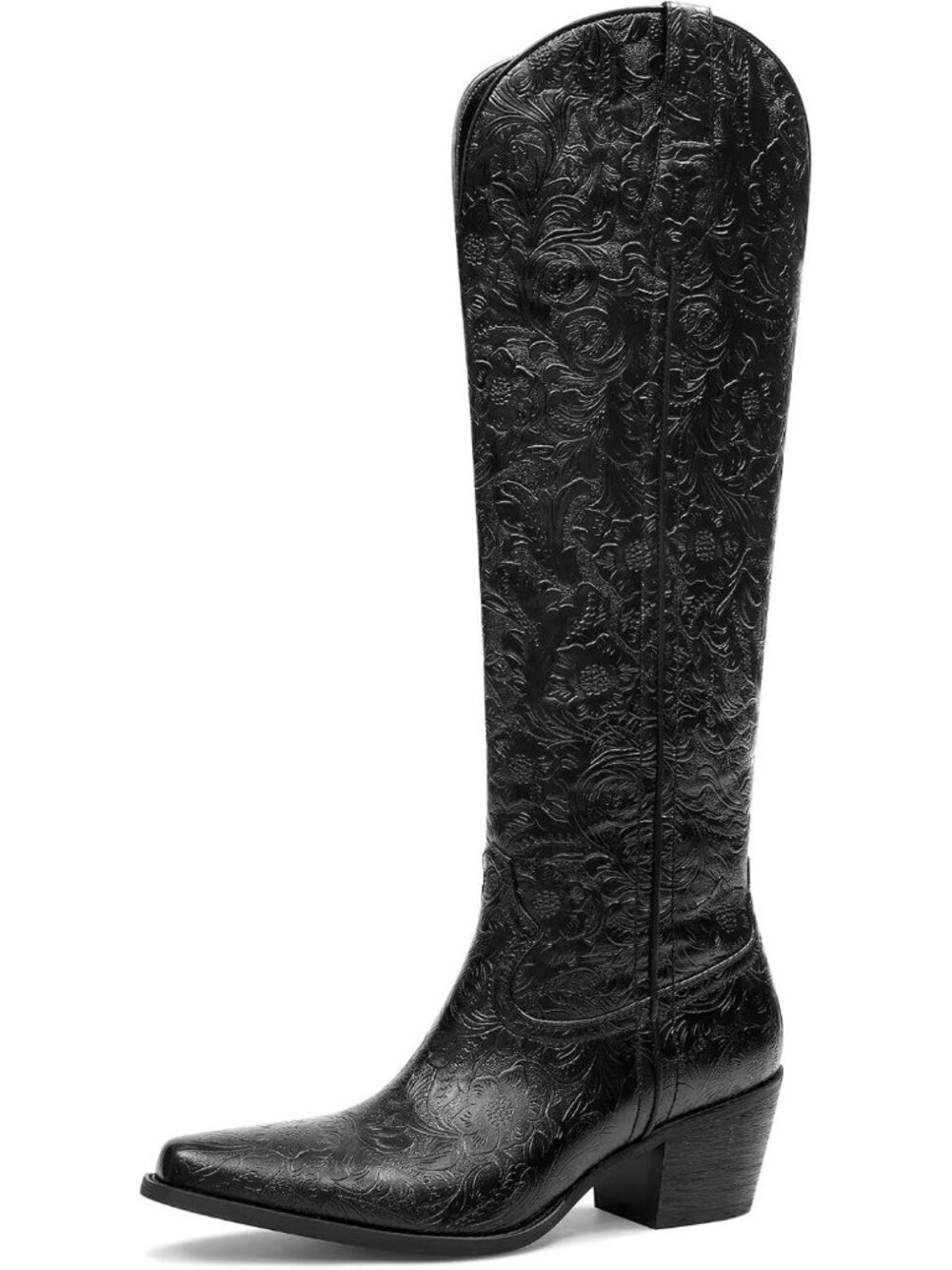 Women's Black Rubber Embossed Western Pointed Toe Comfortable Knee High Boots